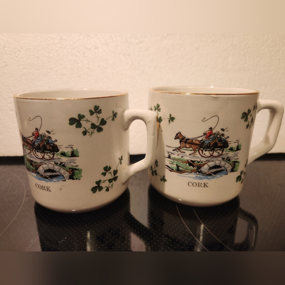 2 Vintage Cork Ceramic Espresso Mugs with Green and Gold Accents